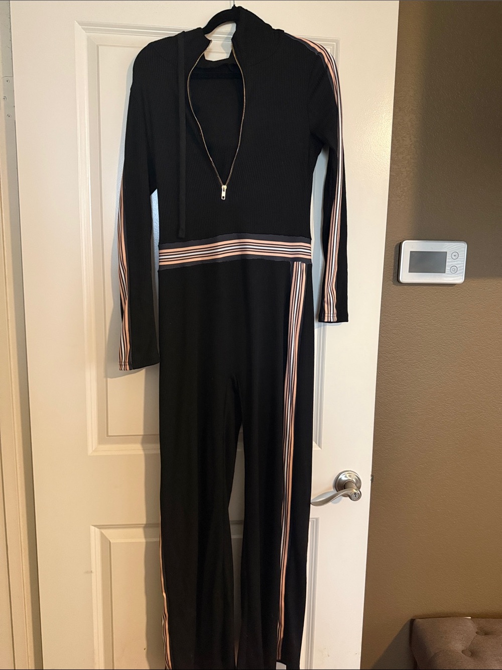 Black Jumpsuit with Pink & White Stripe Detail
